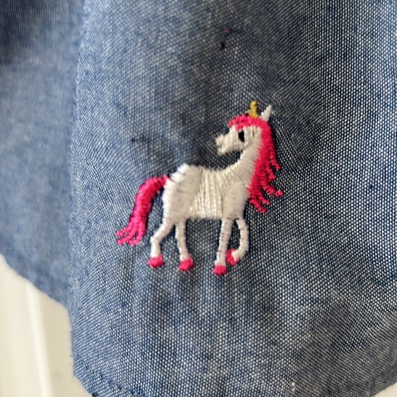 Rare Editions Unicorns Embroidered Chambray Dress w Ruffle Hem & Sleeves - Picture 2 of 8